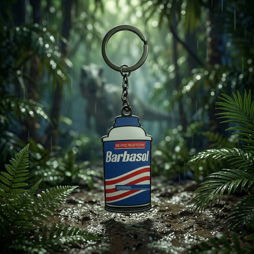 Jurassic Park Schluesselanhaenger Barbasol-Dose im Schlamm, Dinosaurier-Silhouette im Dschungelhintergrund