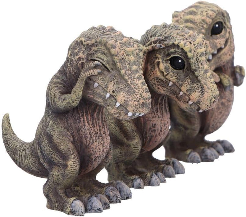 Drei weise T-Rex Figuren: Nichts sehen, nichts hören, nichts sagen