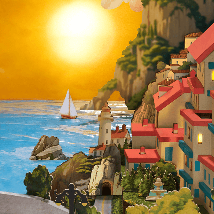 Book Nook Sunset Isle, Bausatz mit Küstenstadt und zwei Lichtstimmungen