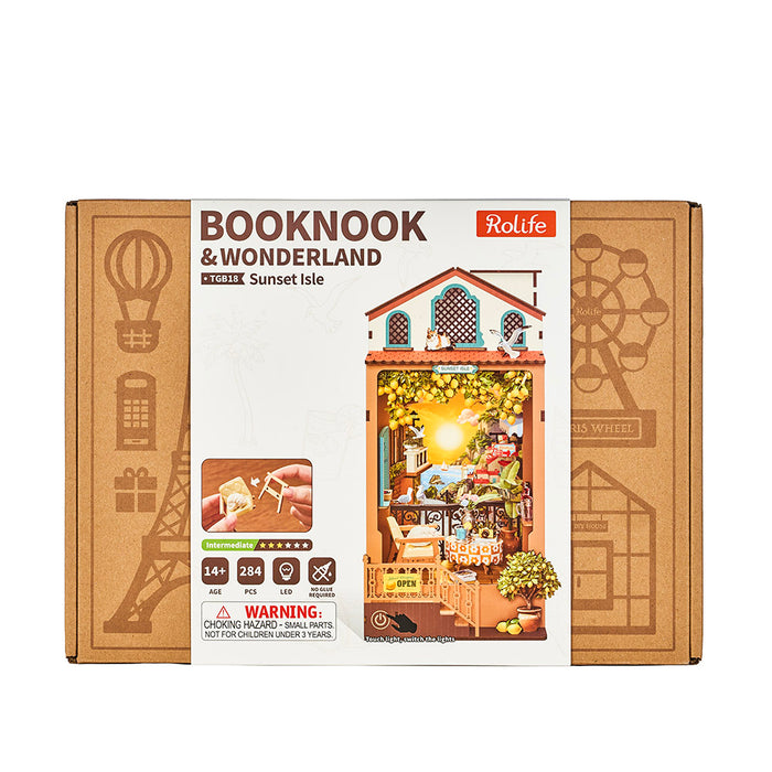 Book Nook Sunset Isle, Bausatz mit Küstenstadt und zwei Lichtstimmungen