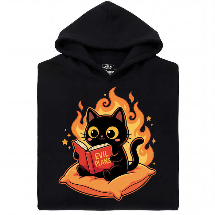 Zwarte Kat Leest "Evil Plans" - Boze Plannen met Stijl - Hoofdweergave Hoodie Zwart