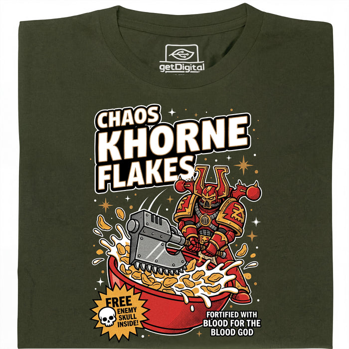 Chaos Khorne Flakes - Vista principale T-Shirt Verde Scuro