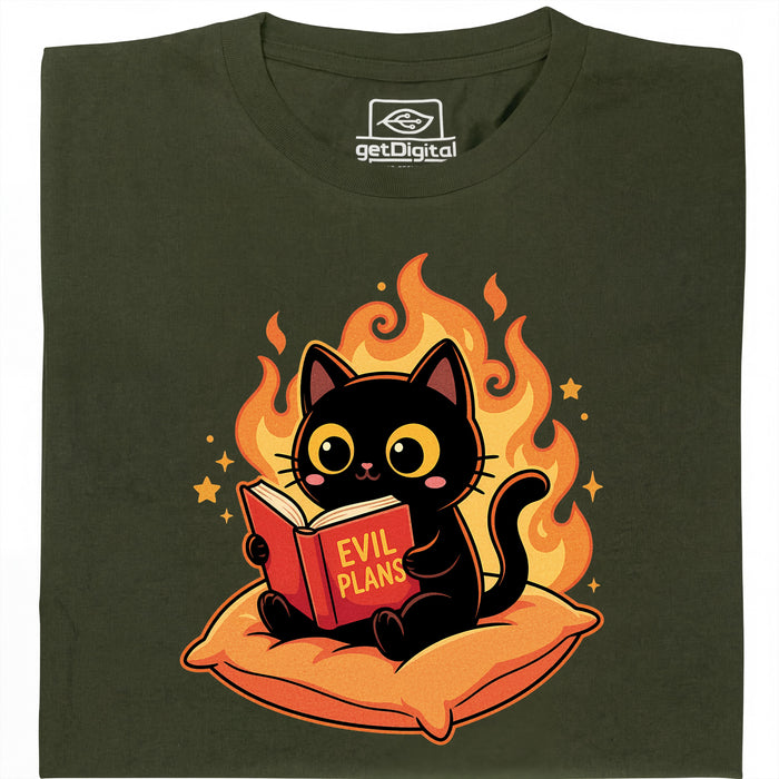 Zwarte Kat Leest "Evil Plans" - Boze Plannen met Stijl - Hoofdweergave T-Shirt Donkergroen