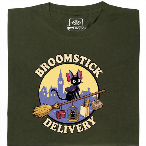 Broomstick Delivery - El Gato se Hace Cargo del Servicio de Entrega - Vista principal Camiseta Verde Oscuro