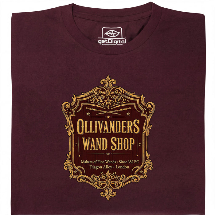 Ollivanders Wand Shop - Vista principal Camiseta Rojo Oscuro