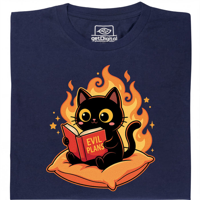 Zwarte Kat Leest "Evil Plans" - Boze Plannen met Stijl - Hoofdweergave T-Shirt Marineblauw