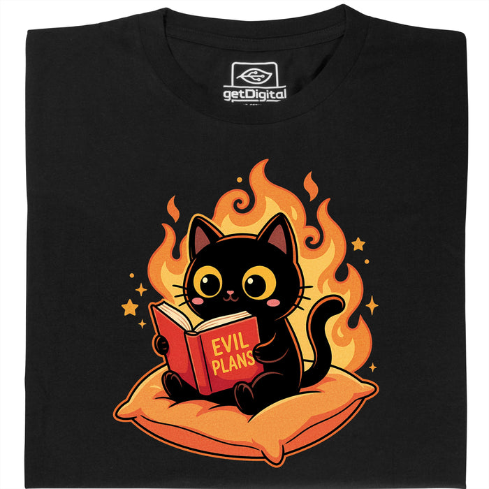Zwarte Kat Leest "Evil Plans" - Boze Plannen met Stijl - Hoofdweergave T-Shirt Zwart