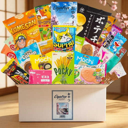 Oyatsu Box mit japanischen Süßigkeiten auf einem Holztisch, Kirschblüten im Hintergrund