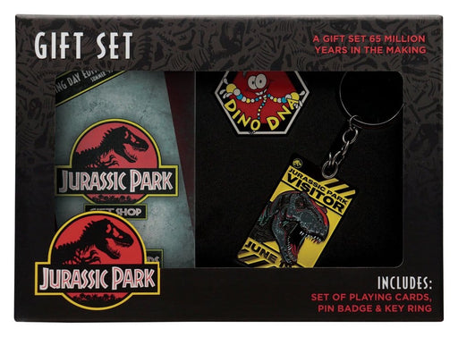 Jurassic Park cadeaubox met speelkaarten, pin en sleutelhanger