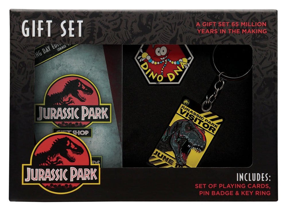 Coffret cadeau Jurassic Park avec jeu de cartes, pin’s et porte-clés