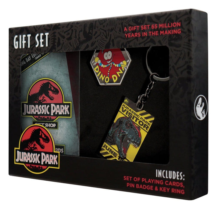Coffret cadeau Jurassic Park avec jeu de cartes, pin’s et porte-clés
