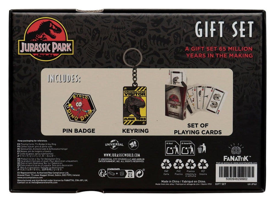 Coffret cadeau Jurassic Park avec jeu de cartes, pin’s et porte-clés