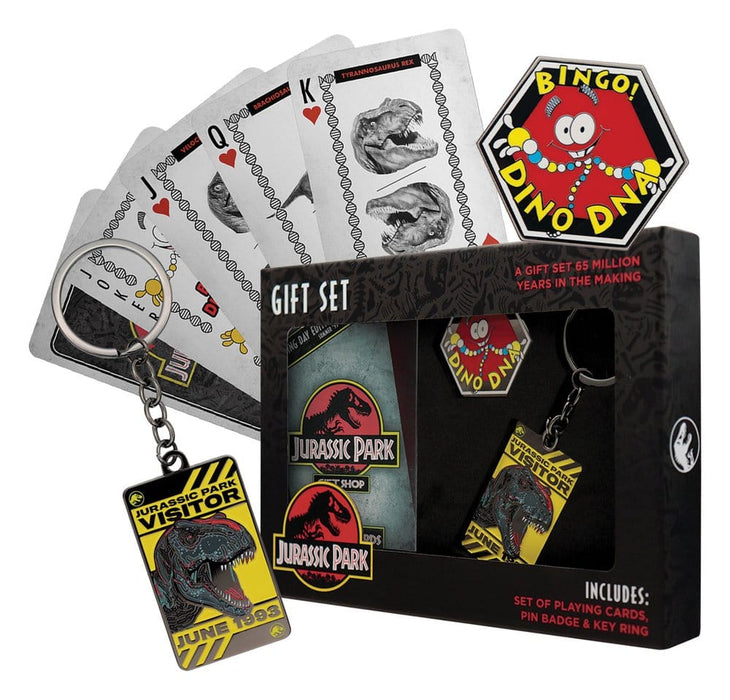 Coffret cadeau Jurassic Park avec jeu de cartes, pin’s et porte-clés
